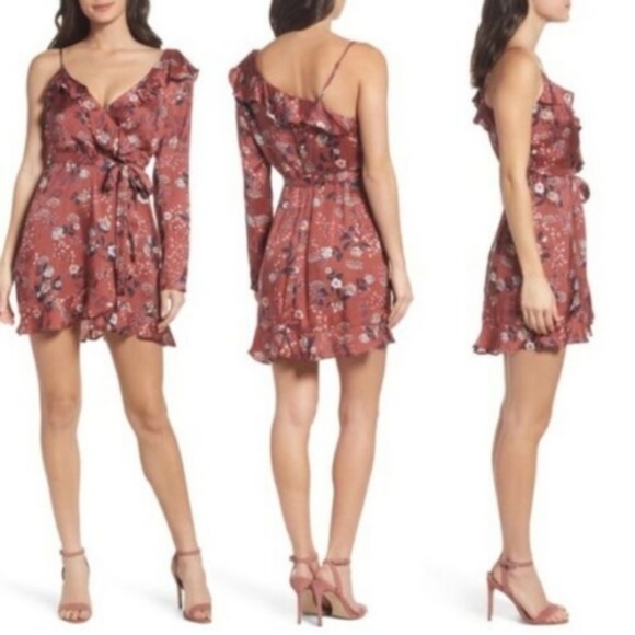 Bardot one shoulder floral ruffle dress S